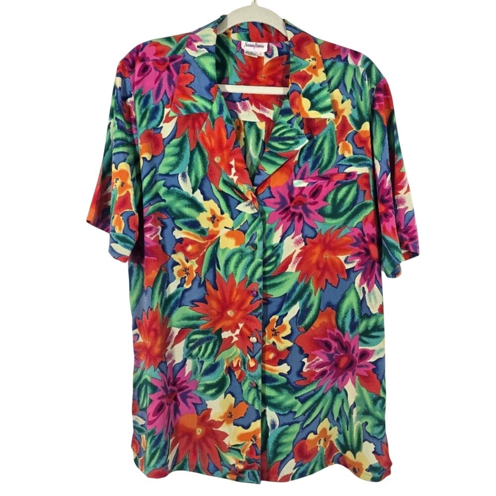 W Neiman Marcus Silk Button Down Shirt Vintage Women's Size L Hawaiian Floral